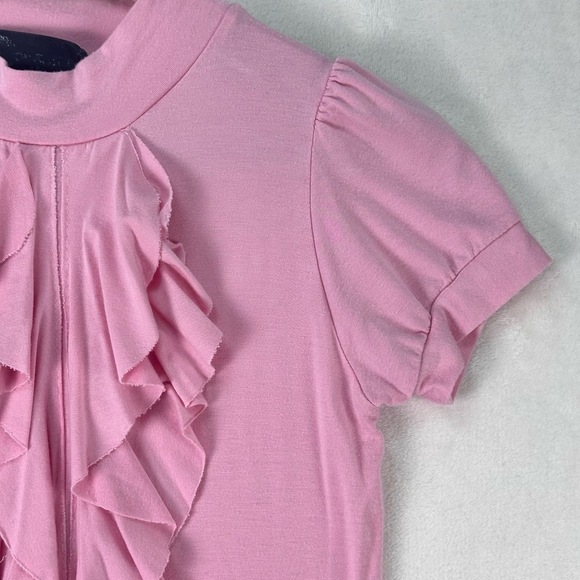 Y2K Scene Pink Barbiecore Ruffle Front Mock Neck Short Sleeve Blouse Size S Top - Picture 5 of 10